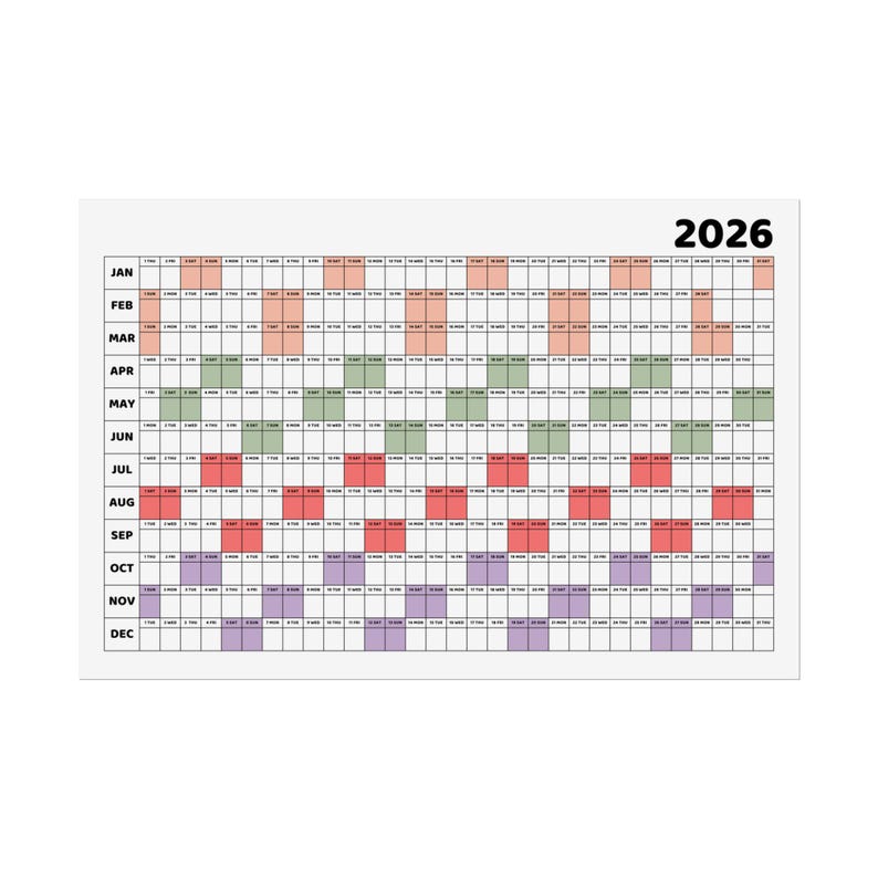 2026 Yearly Wall Calendar Poster Landscape | Large Year at A Glance - Etsy