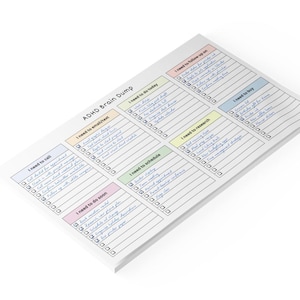 Flat lay of ADHD brain dump planner notepad with pastel section headers and checkbox lists in clean minimalist style, photographed from above on a soft neutral background.