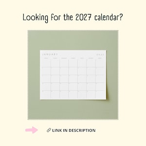 May include: A white rectangular calendar page for January 2027 with a grid layout, black text, and thin lines. The text reads Looking for the 2027 calendar? at the top and LINK IN DESCRIPTION at the bottom with a pink arrow pointing to the link icon.
