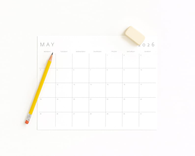 A 2026 monthly calendar page printed on white US Letter paper in landscape orientation, showing minimalist grey lines and sans-serif typography on a neutral beige background.