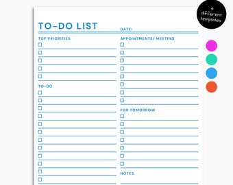 Printable ToDo List Comes in 4 Different Colours To Do List Daily Planner PDF Daily Todo A4 & Letter ToDo List Template | Instant Download