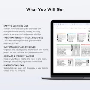 A laptop screen displaying a Google Sheets to-do list template. The template is designed for seamless task management across daily, weekly, monthly, quarterly, semi-annual, and annual priorities. The template includes a task tracker with visual progress, a customizable task schedule, and a compact and efficient layout.