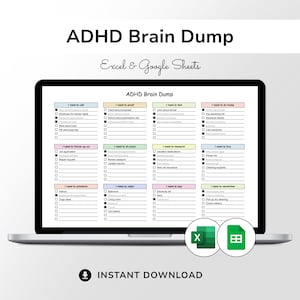 Puede incluir: Una pantalla de portátil muestra una plantilla "ADHD Brain Dump" para Excel y Google Sheets. La lista de verificación colorida organiza las tareas en categorías como "I need to call", "I need to email" y "I need to buy". Las palabras "Instant Download" aparecen debajo.