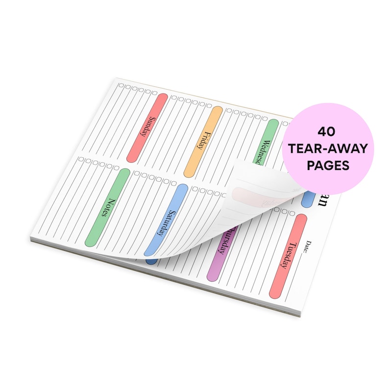 Minimal desk planner pad mockup showing large weekly overview format with checklist sections, pastel headers, lined task tracking space and tear-away paper notepad construction.