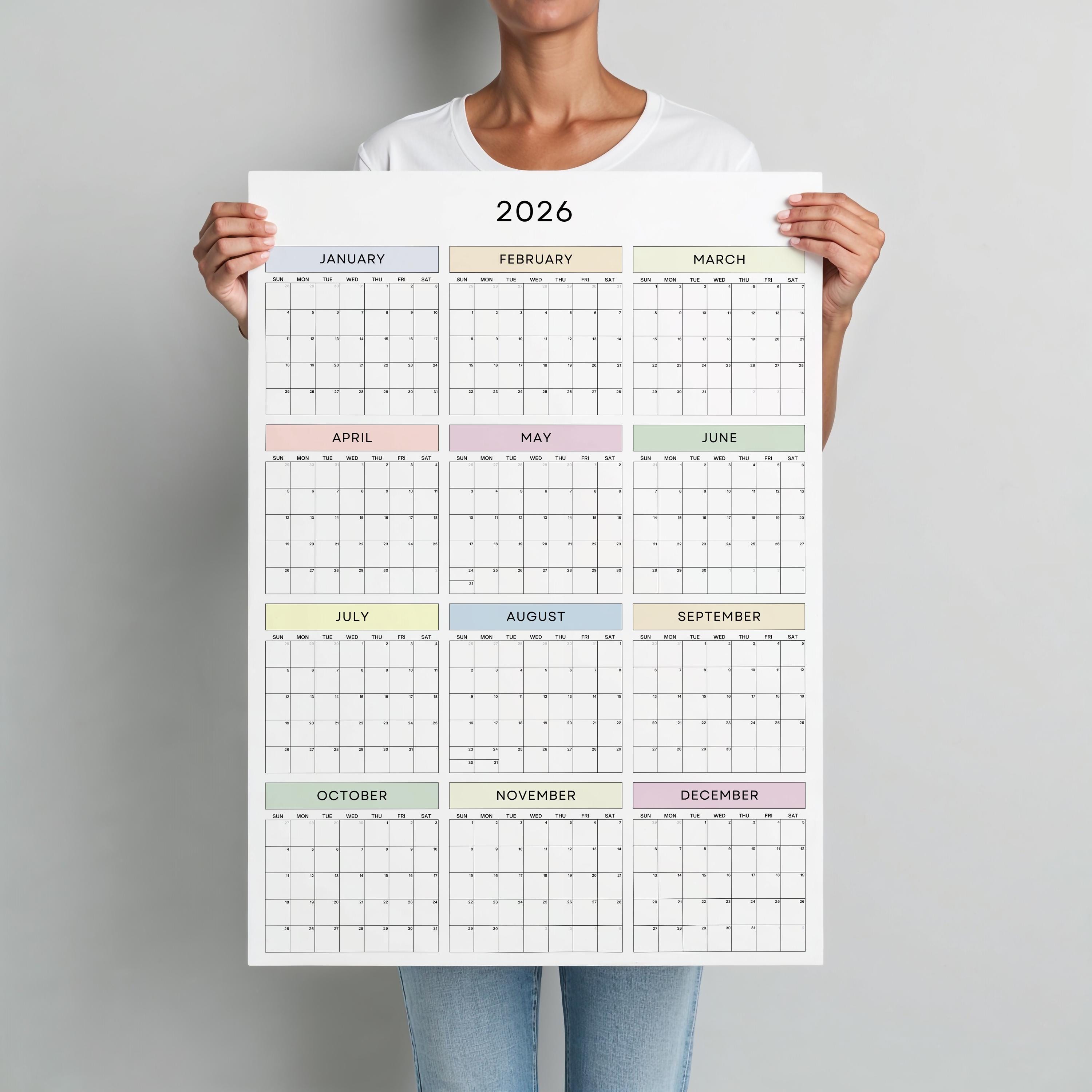 2026 Wall Calendar Year at a Glance Poster, Minimal Pastel Design ...