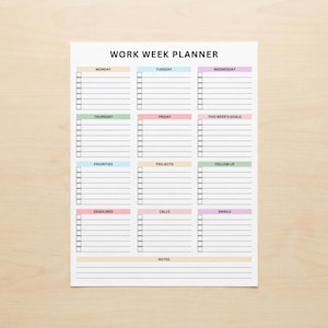 Work planner printable with compact portrait layout, featuring checklists for each weekday and additional sections for projects, follow-ups, deadlines, calls, emails, goals, priorities, and notes.