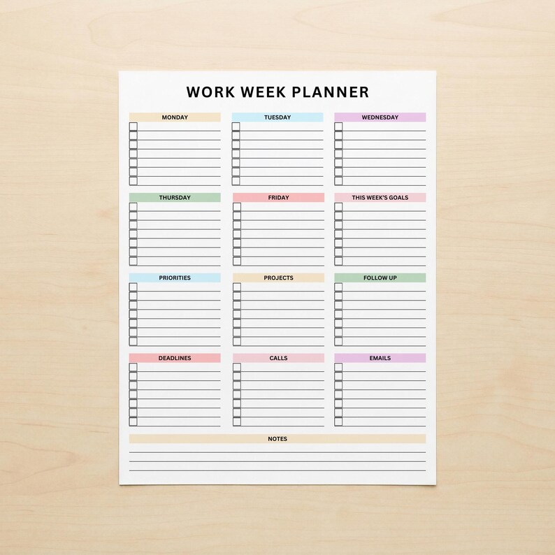 Work planner printable with compact portrait layout, featuring checklists for each weekday and additional sections for projects, follow-ups, deadlines, calls, emails, goals, priorities, and notes.