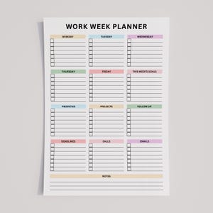 Undated vertical weekly planner PDF with twelve sections, each clearly labeled for Monday through Friday, weekly goals, priorities, projects, follow-ups, deadlines, calls, emails, and notes for tasks.