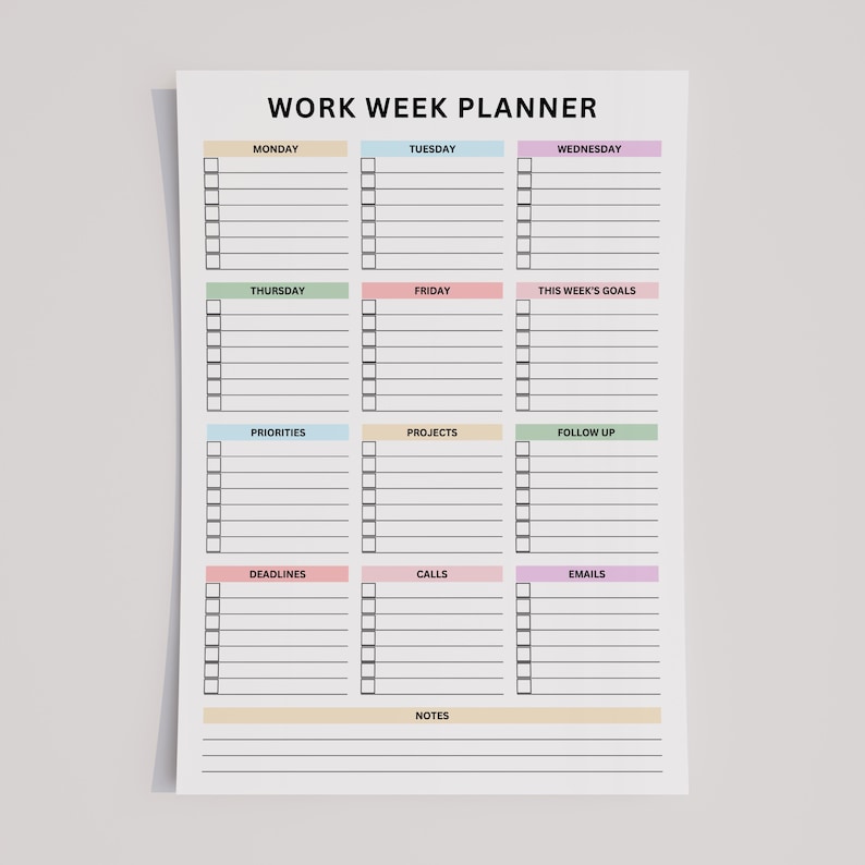 Undated vertical weekly planner PDF with twelve sections, each clearly labeled for Monday through Friday, weekly goals, priorities, projects, follow-ups, deadlines, calls, emails, and notes for tasks.