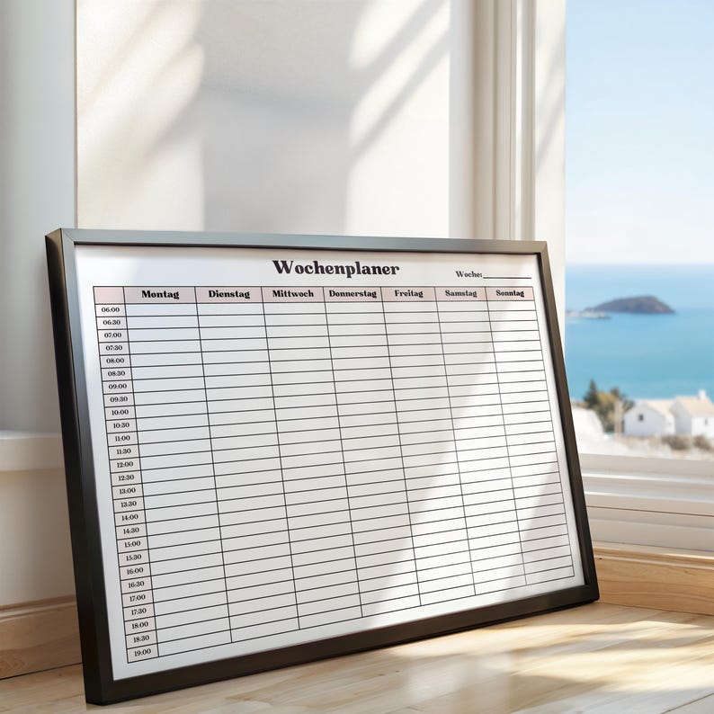 Gedruckter Wochenplaner auf weißem Papier mit Montag bis Sonntag Spalten und halbstündlichen Zeitfeldern, minimalistisches Layout mit dünnen Linien und zart rosa Überschriften, fotografiert auf neutralem Hintergrund.