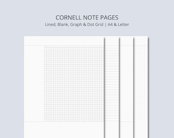 Printable Cornell Notes Templates | Graph, Ruled & Dot Grid Paper for Note Taking | A4, Letter | Digital PDF | Instant Download
