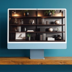 May include: A computer monitor displaying a bookshelf with various decorative items, including plants, books, and sculptures. The bookshelf is made of dark wood and has five shelves. The monitor is on a wooden table.