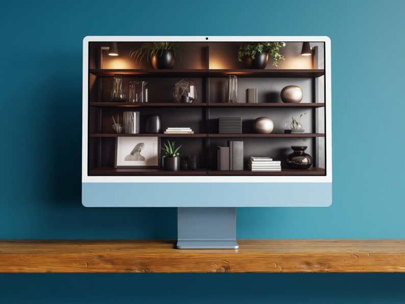 May include: A computer monitor displaying a bookshelf with various decorative items, including plants, books, and sculptures. The bookshelf is made of dark wood and has five shelves. The monitor is on a wooden table.