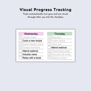 Peut inclure: Une liste de t&acirc;ches blanche avec des en-t&ecirc;tes roses et verts pour mercredi et jeudi. La liste comprend des t&acirc;ches telles que "Mettre &agrave; jour les t&acirc;ches", "Cuisiner une nouvelle recette" et "Assister au webinaire". Le texte "Suivi visuel des progr&egrave;s" est en haut.