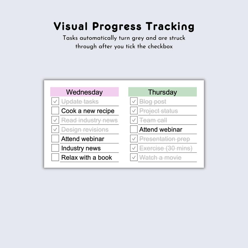 Peut inclure: Une liste de t&acirc;ches blanche avec des en-t&ecirc;tes roses et verts pour mercredi et jeudi. La liste comprend des t&acirc;ches telles que "Mettre &agrave; jour les t&acirc;ches", "Cuisiner une nouvelle recette" et "Assister au webinaire". Le texte "Suivi visuel des progr&egrave;s" est en haut.