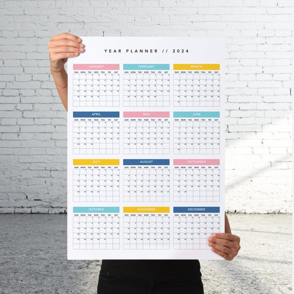 Wall Calendar 2024 Large Annual Yearly Wall Planner Year Calendar Year Overview Vertical | A1, A2, 18x24, 24x36, 32x48 | Instant Download