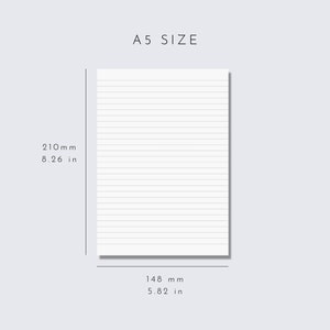 May include: A white sheet of lined paper with measurements in inches and millimetres. The paper is A5 size, which is 8.26 inches by 5.82 inches or 210 mm by 148 mm.