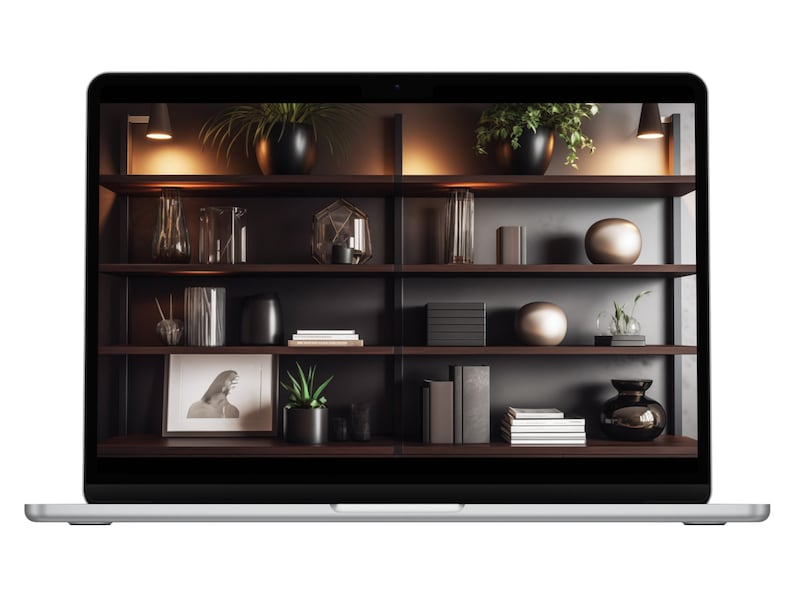 May include: A laptop computer displaying a bookshelf with various decorative items, including plants, vases, books, and sculptures. The bookshelf is made of dark wood and has four shelves. The laptop is silver and has a black screen.