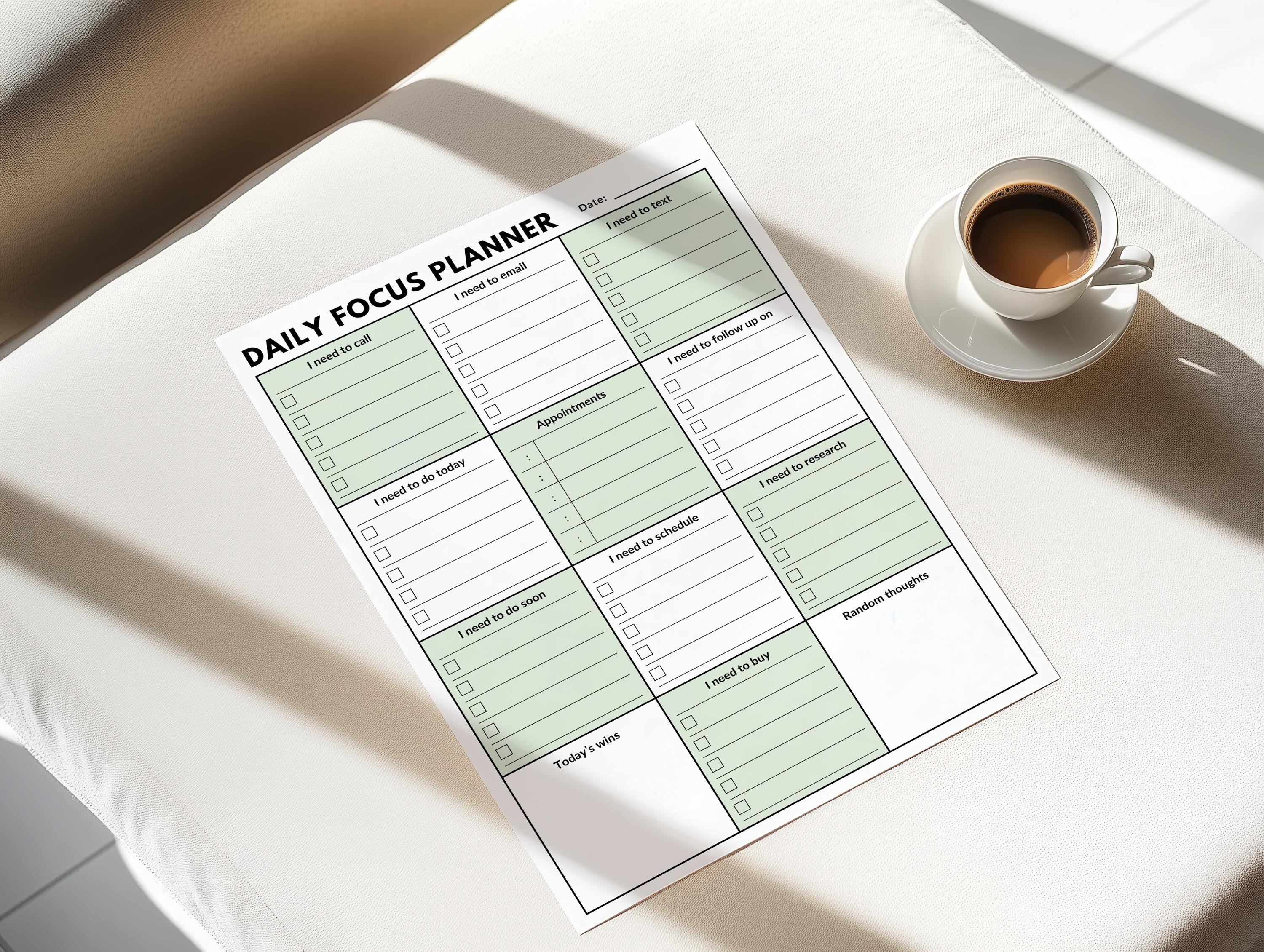 Daily Focus Planner Printable PDF, A4 & US Letter, Task Organizer Page ...