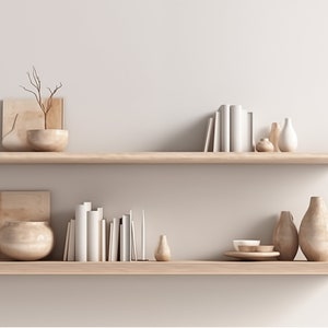 May include: Two wooden shelves with various decorative items, including vases, bowls, and books. The shelves are against a white wall.