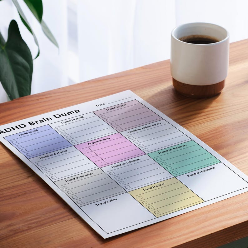 An ADHD brain dump planner printed on a white sheet, with multiple sections like to-do lists, reminders, and space for notes. The sheet is placed on a light, neutral background, offering a clear view of the layout.