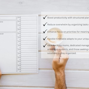 Mockup featuring a timeboxing daily planner template, designed for effective task organization with dedicated sections for daily agendas and schedules, available as an instant download.