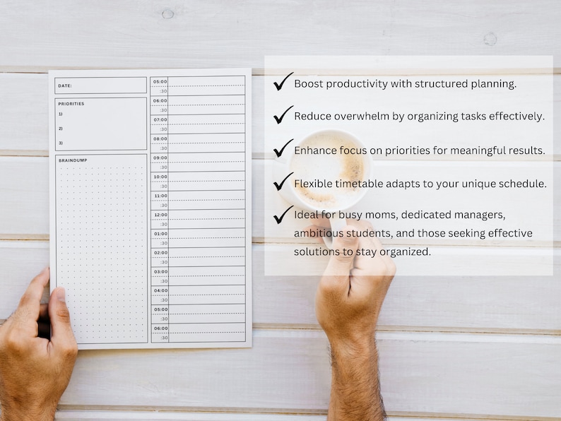 Mockup featuring a timeboxing daily planner template, designed for effective task organization with dedicated sections for daily agendas and schedules, available as an instant download.
