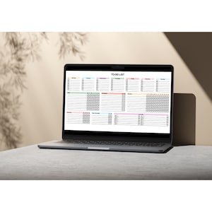 A clean mockup showing a to-do list spreadsheet for Google Sheets, with sections for daily, weekly, monthly, and annual tasks, available as an instant download.
