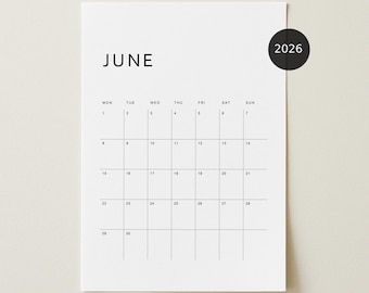 Monatsplaner 2026 zum Ausdrucken (PDF), minimalistischer Hochformatkalender, Montag- und Sonntagsbeginn (digitaler Download)