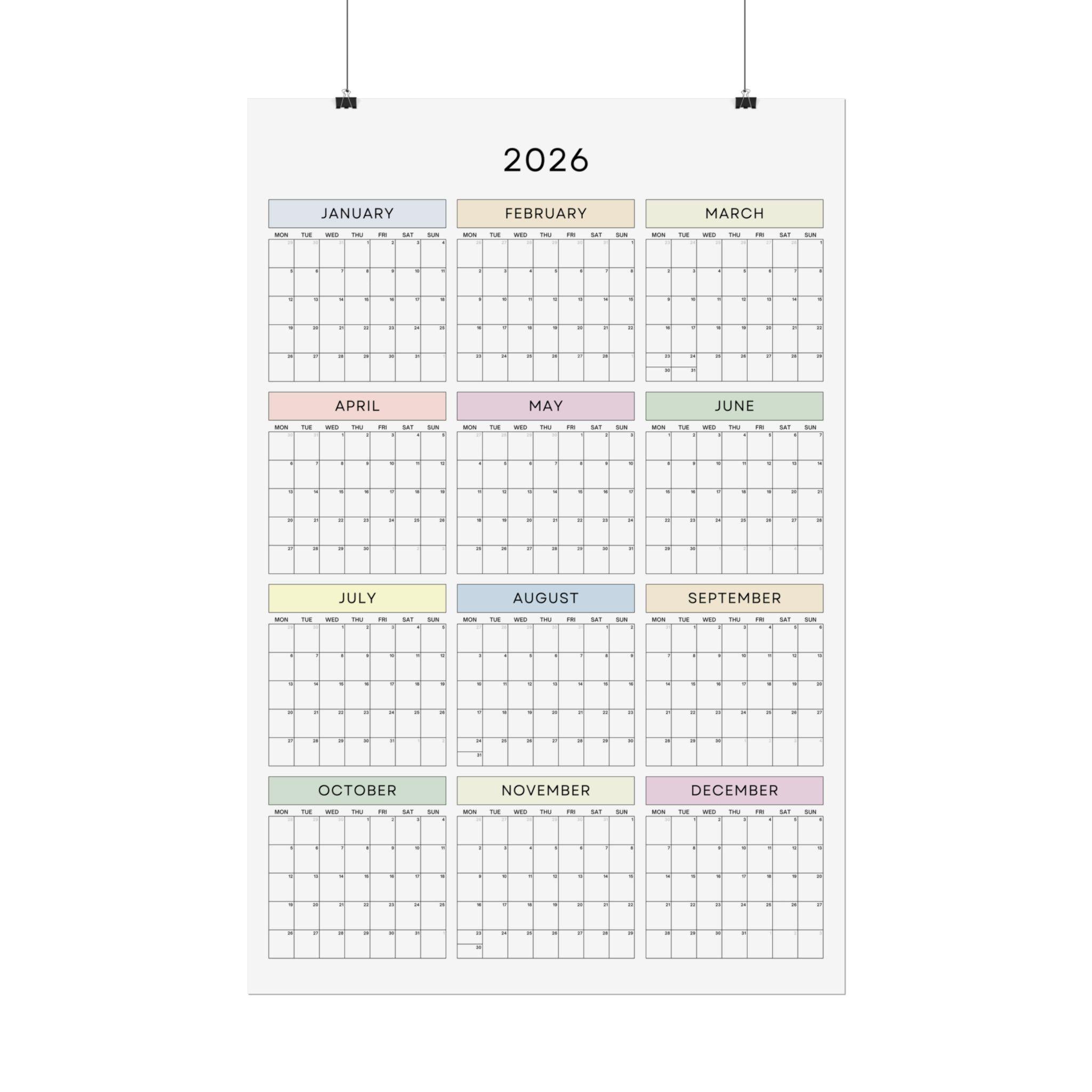 2026 Pastel Wall Calendar: Year at A Glance Poster, Monday Start - Etsy