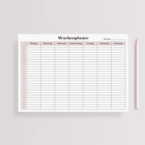 Minimalistischer Wochenplaner mit Uhrzeiten, horizontales Layout mit halbstündigen Zeitslots für jeden Tag der Woche, dünne graue Linien und pastellrosa Kopfzeilen, flach fotografiert.