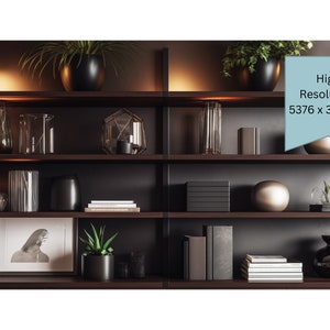 May include: A dark wood bookshelf with five shelves, filled with decorative objects, plants, and books. The shelves are lit with warm white lights. The bookshelf is against a dark gray wall.