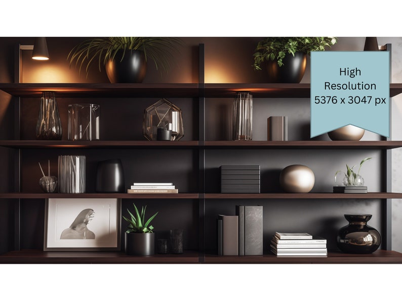 May include: A dark wood bookshelf with five shelves, filled with decorative objects, plants, and books. The shelves are lit with warm white lights. The bookshelf is against a dark gray wall.