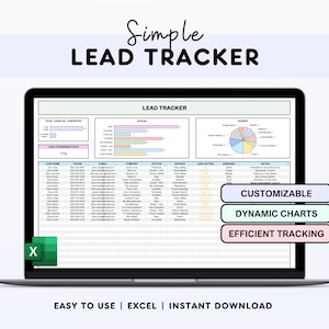 Może przedstawiać: Zrzut ekranu z komputera, na którym widoczny jest arkusz kalkulacyjny z szablonem śledzenia leadów. Arkusz zawiera kolumny z nazwą leadu, numerem telefonu, adresem e-mail, firmą, statusem, źródłem, oceną leadu, przypisaniem i notatkami. Arkusz zawiera również wykresy pokazujące łączną liczbę leadów w porównaniu do leadów przekształconych, wskaźnik konwersji leadów i źródło leadów. Tekst "Simple Lead Tracker" znajduje się u góry arkusza. Tekst "CUSTOMIZABLE DYNAMIC CHARTS EFFICIENT TRACKING" znajduje się na dole arkusza. Tekst "EASY TO USE | EXCEL | INSTANT DOWNLOAD" znajduje się na dole ekranu.