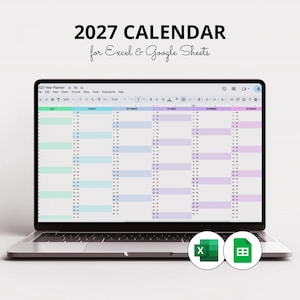 Könnte beinhalten: Ein Laptop-Bildschirm zeigt einen Kalender für 2027 als Tabellenkalkulation für Excel und Google Sheets. Die Benutzeroberfläche zeigt die Monate Juli bis Dezember mit farbcodierten Spalten. Der Text 2027 CALENDAR for Excel & Google Sheets steht über dem Laptop.