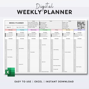 Puede incluir: Plantilla de planificador semanal digital con un diseño de cuadrícula para programar tareas y prioridades. El planificador incluye secciones para cada día de la semana, con espacio para notas y hábitos. El texto "EASY TO USE | EXCEL | INSTANT DOWNLOAD" está en la parte inferior.