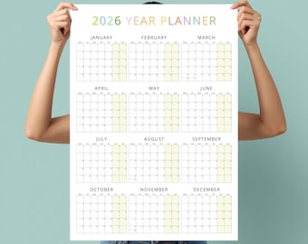 2026 Yearly Wall Planner Portrait • Colorful Year Calendar Large Poster