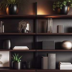 May include: A dark wood bookshelf with five shelves, filled with decorative objects, plants, and books. The shelves are lit with warm white lights. The objects include a black vase, a clear glass vase, a silver vase, a black planter with a green plant, a black and silver orb, a clear glass orb, a black and silver geometric mirror, a stack of white books, and a framed black and white print.