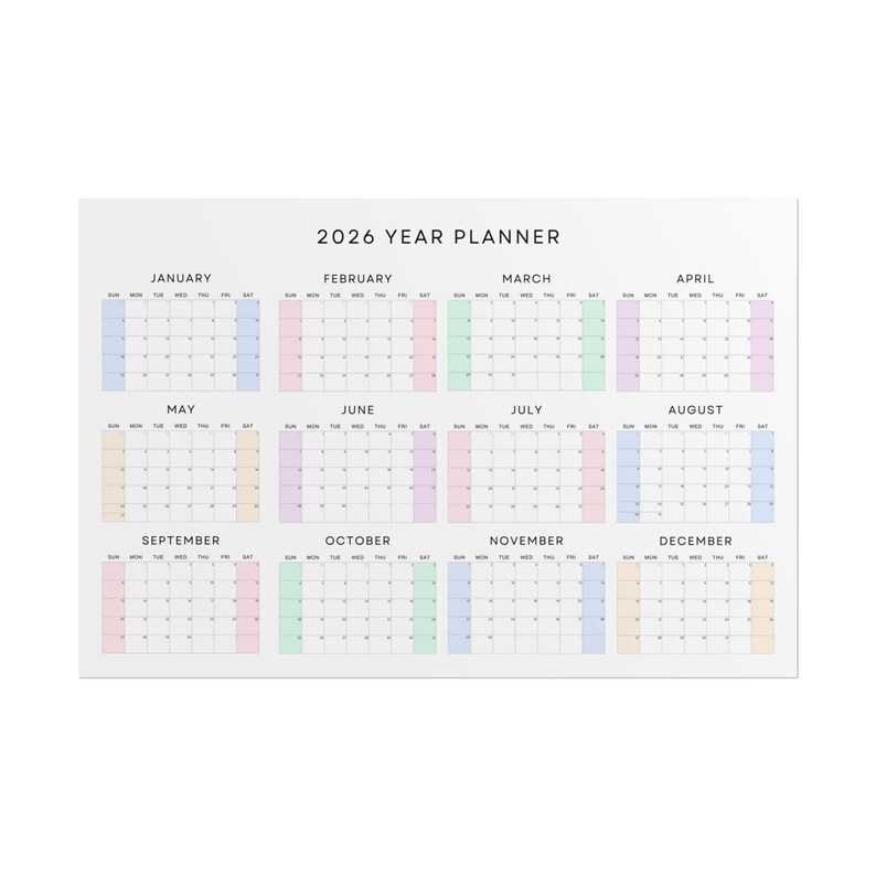 2026 Wall Calendar Poster Sunday Start | Pastel Year Planner Print - Etsy