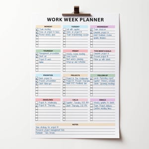Colorful work week planner with sections for each day, featuring checkmarks and a neutral background.