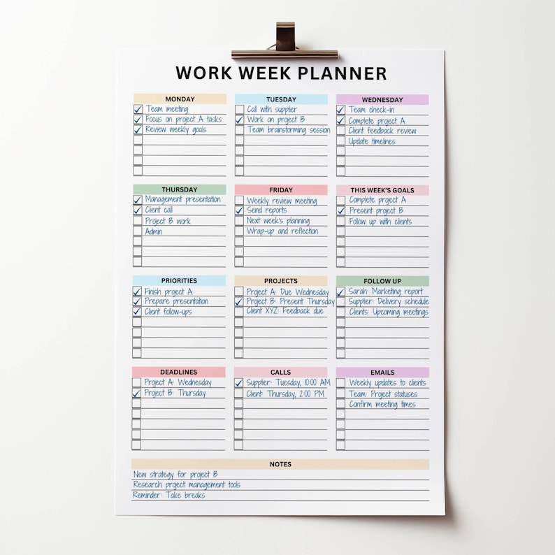 Colorful work week planner with sections for each day, featuring checkmarks and a neutral background.