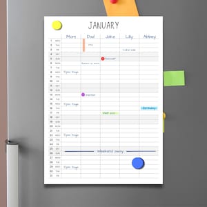 Planificador familiar para refrigerador, calendario vertical mensual imprimible en formato PDF, 5 columnas para hasta 5 personas, 1 mes por página, A4, A3, carta y libro mayor