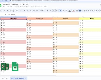 Jahreskalender Excel & Google Spreadsheet Digitaler Kalender Digitaler Planer Jahr auf einen Blick 2024 Kalender Bearbeitbares Google Sheet Excel in Farbe