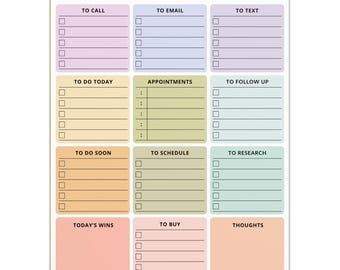 May include: A white notepad with the text "ADHD BRAIN DUMP" at the top. The notepad is divided into sections for tasks like "To Call," "To Email," and "To Text," with checkboxes for each item. It also includes sections for appointments, to-do lists, and notes.