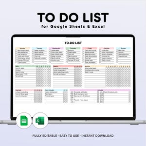 Könnte beinhalten: Ein Laptop-Bildschirm zeigt eine digitale To-Do-Liste-Vorlage für Google Sheets und Excel. Die Liste ist nach Tag, Woche, Monat und Jahr organisiert, mit Kontrollkästchen für den Abschluss der Aufgaben. Der Text "TO DO LIST" steht oben. Der untere Teil des Bildschirms lautet "FULLY EDITABLE EASY TO USE INSTANT DOWNLOAD".