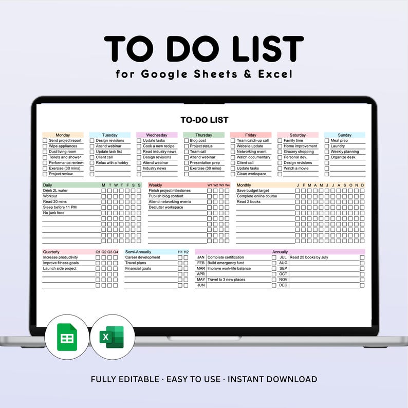 A colourful digital to-do list template for daily, weekly, monthly, and annual tasks. The template is divided into sections for each day of the week and includes checkboxes for completing tasks. The template is designed for use with Microsoft Excel and Google Sheets.