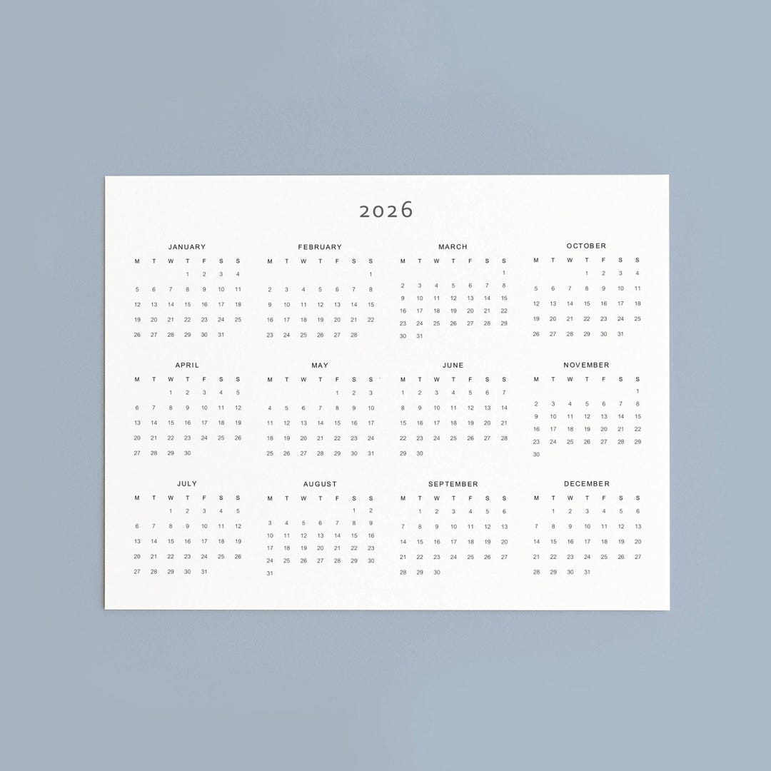 2026 Year at a Glance Calendar Printable | Landscape Year to View PDF ...