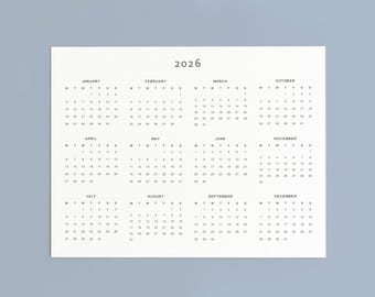 2026 Year at a Glance Calendar Printable | Landscape Year to View PDF Planner