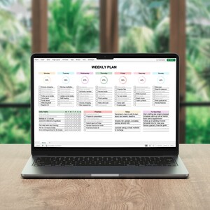 Excel spreadsheet template for a weekly planner, combining task tracking, daily habits, and a to-do list, with vibrant header backgrounds shown on a laptop and with a window in the background.