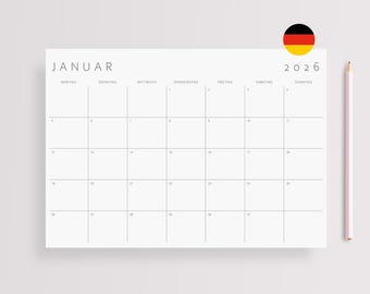 Deutscher Kalender 2026 zum Ausdrucken / Minimalistischer Monatsplaner PDF A5, A4, A3, A2